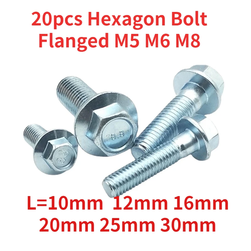 

20pcs Hexagon Bolt Flanged M5 M6 M8 8.8 Grade Galvanized Outer Hexagon Flange Screw L=10-30mm GB5787 16MM