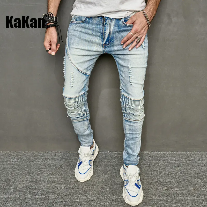 Kakan - New Washed Old Personalized Perforated Jeans for Men, High Street Small Foot Slim Fit Versatile Long Jeans K49-7006