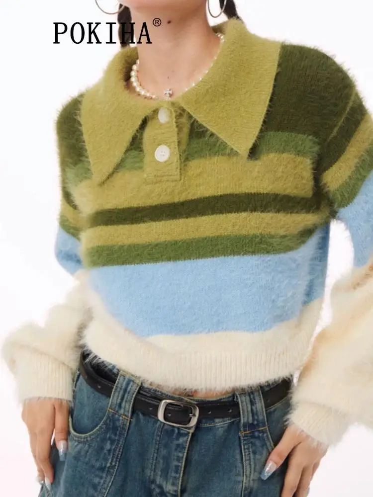 

Pokiha Модный женский новый элегантный полосатый вязаный укороченный свитер винтажный воротник поло женские пуловеры с длинным рукавом шикарные топы