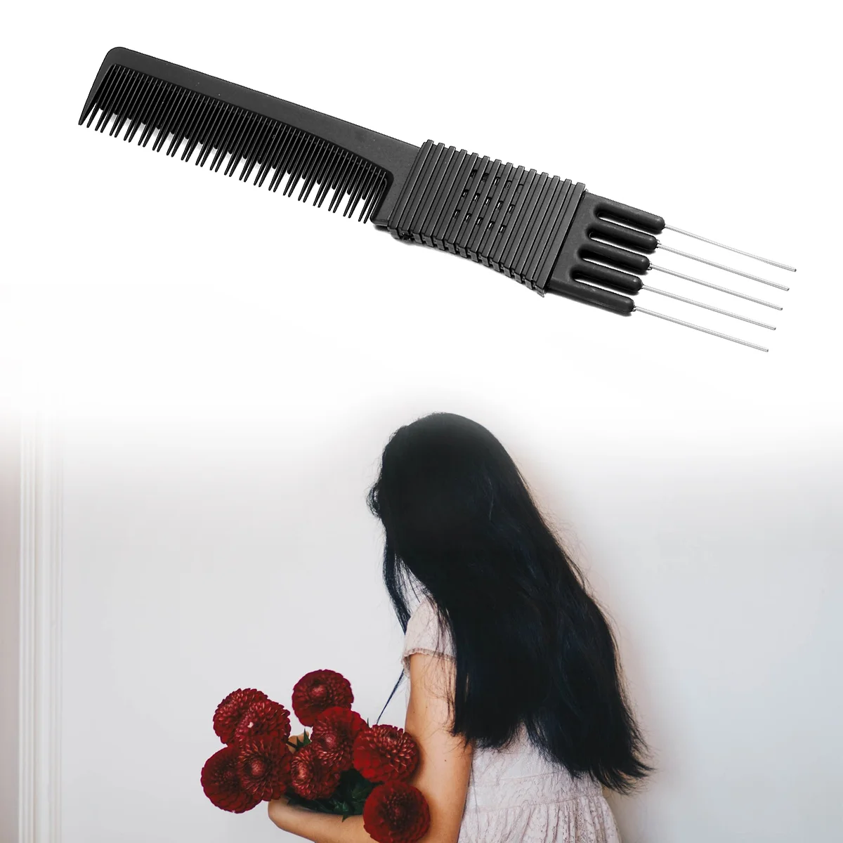 

2pcs Black Carbon Fiber Anti-Static Steel Wire Clip Comb Rat-Tail Comb