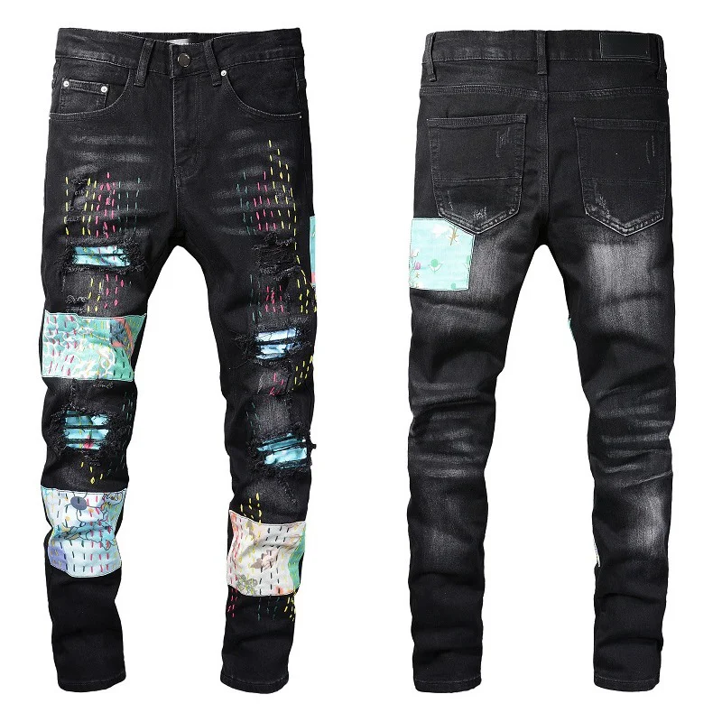 

2022 Streetwear Black Ripped Zipper Hole Jean For Men Patchwork Jean Motorcycle Pants Stacked Men Jeans vintage jeans for men