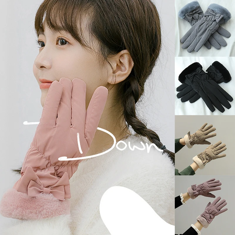 

Winter Women Ski Gloves Outdoor Plus Velvet Thick Gloves Touch Screen Bowknot Full Fingers Mittens Windproof Plush Riding Gloves