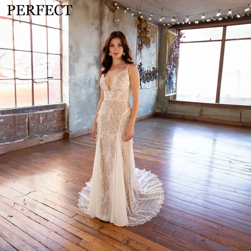 

PERFECT Wedding Dresses For Woman 2024 A-line V-Neck Spaghetti Straps Lace Open Back Court Train Custom Made Robe De Mariee