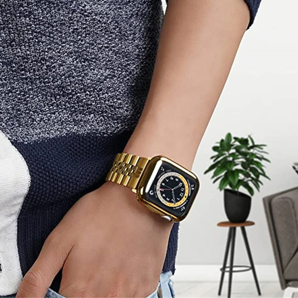 Metal Strap+TPU Soft Case for Apple Watch Band 44mm 40mm 45mm 41mm 42mm 38mm Stainless Steel Wristband iWatch 8 7 6 5 4 SE Cover