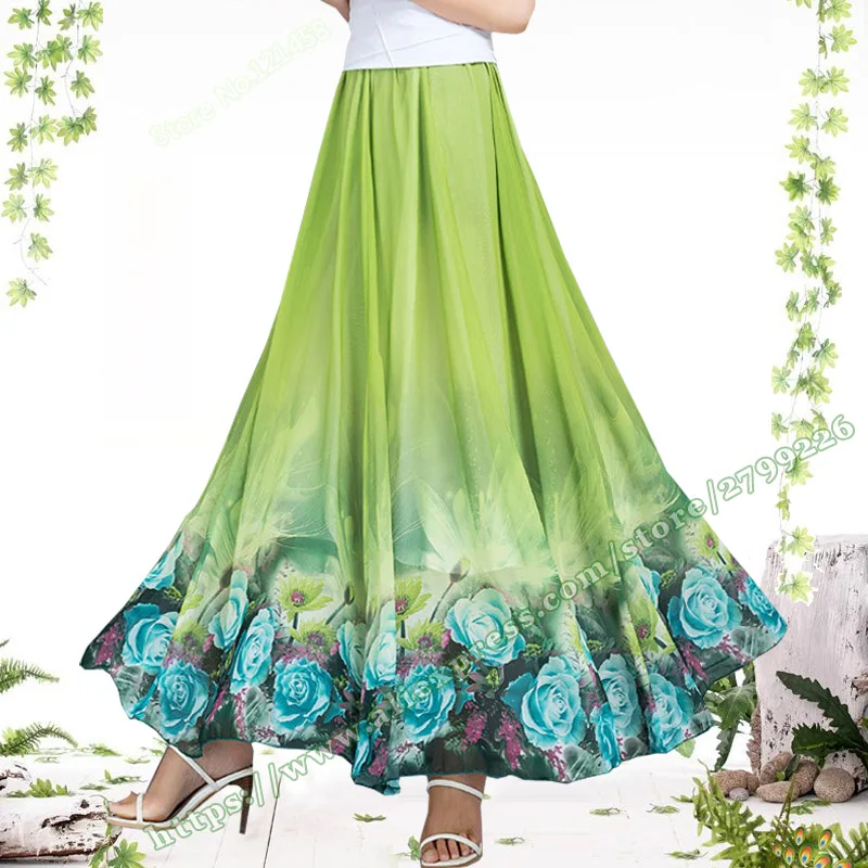

2021 Spring Summer Fashion Elegant Floral Chiffon Female Bohemia Plus Size 6XL 5XL Ladies Long Skirts Women's Clothing