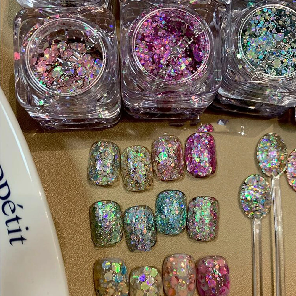 

1 Jar Shiny Colorful Nail Art Sequins Glitter Holographic Hexagon 3D Nail Charm Flakes For Gel Polish French Manicure Decoration