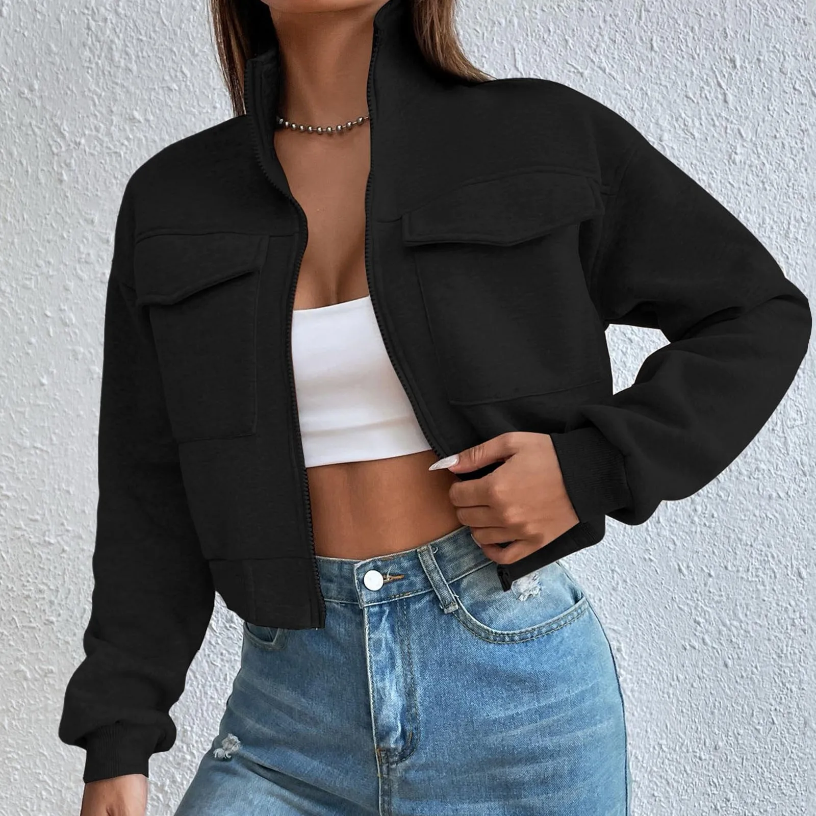 

Women Stand Collar Short Hoodie Crop Tops Solid Color Jacket Casual Long Sleeve Pocket Sweatshirt Elasticized Hem And Cuffs Coat