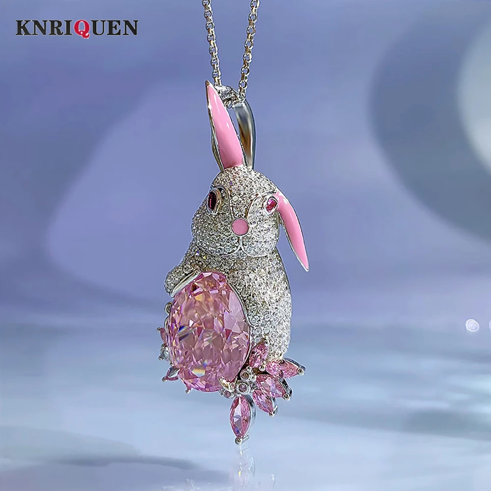 2023 Trend 100% 925 Solid Silver 12*16mm Pink Quartz Full Lab Diamond Rabbit Pendant Necklace for Women Luxury Fine Jewelry Gift