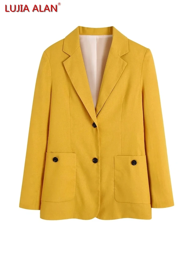 

Женский льняной повседневный костюм с накладными карманами, летняя женская верхняя одежда с длинным рукавом, офисные женские свободные топ...