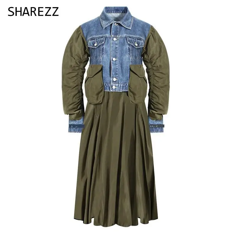 

Design Oversized Denim Bomber Jacket Women Spring 2022 New Loose Contrast Hit Fake Two Piece Trench Patchwork Long Windbreaker