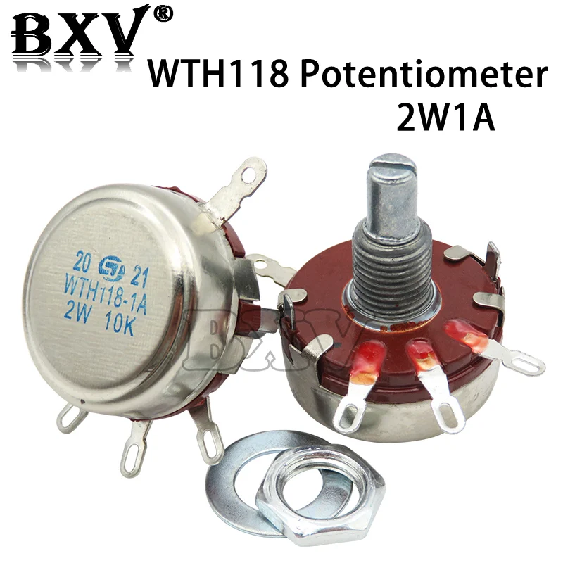 

2PCS WTH118 2W 1A Potentiometer 1K 2.2K 4.7K 10K 22K 47K 100K 470K 1M WTH118-2W Round Shaft Carbon Rotary Taper Potentiometer
