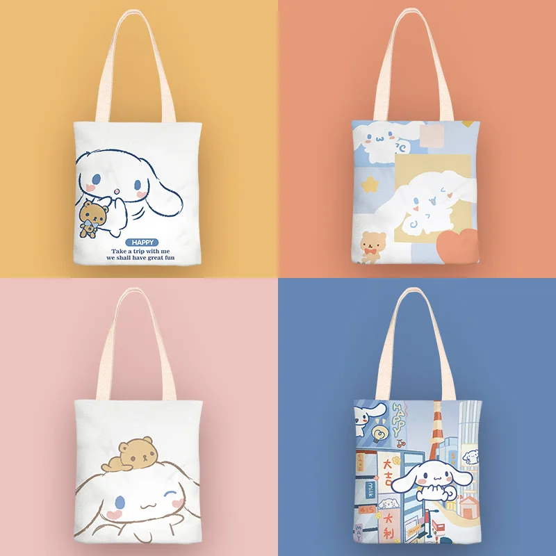 

Sanrio Cartoons Shoulder Bags with Zippered Inner Pocket Cinnamoroll Anime Printing Canvas Waterproof Girls Handbag Shopping Bag