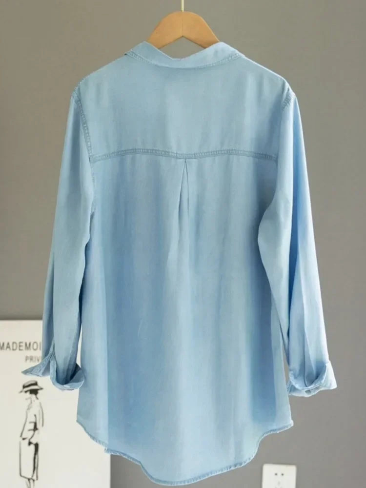 Корейская шикарная джинсовая блузка с карманами неправильной формы женская