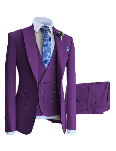 Purple Wide Peak Lapel Men Suits 3 Pcs Costume Homme Wedding Groom Tuxedos Terno Masculino Prom Blazer Slim Fit Jacket+Pant+Vest