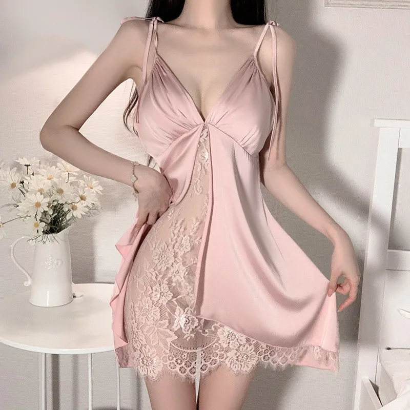 

Sexy Split Lace Patchwork Nightgown Suspender Nightdress Lingerie Sleepwear Gown Summer Satin Home Dress Loungewear