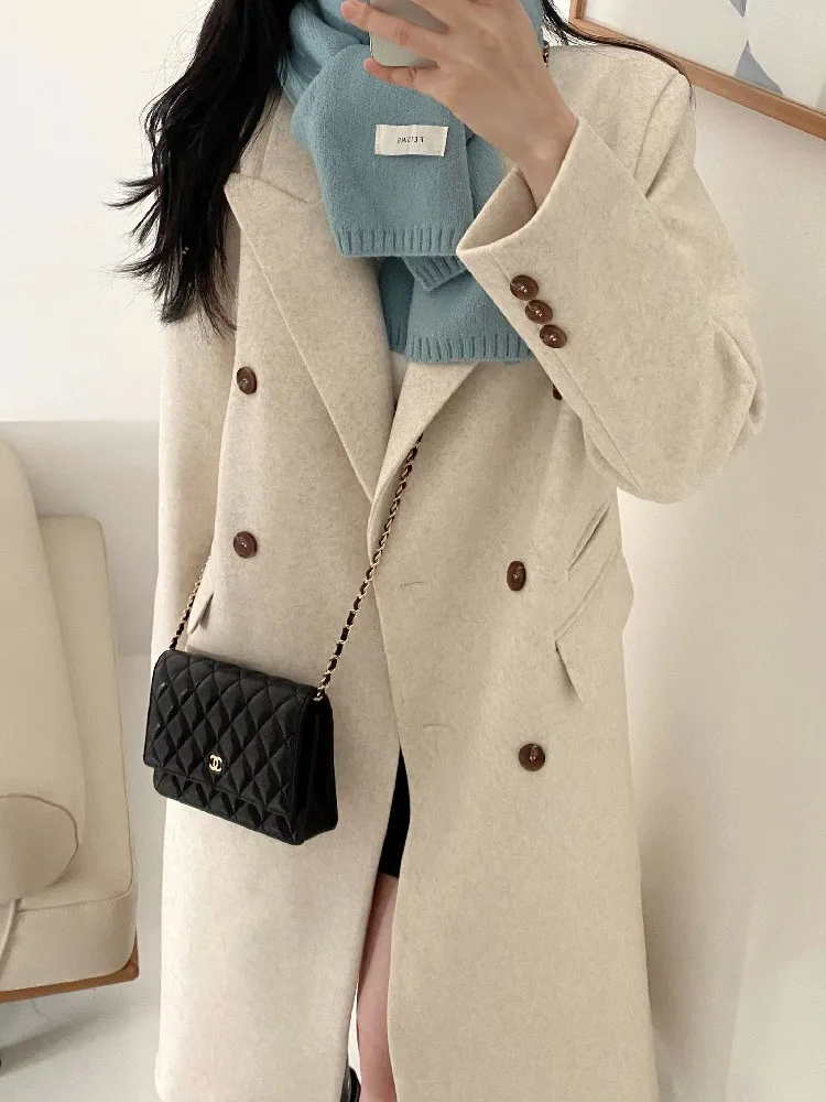 

Женская шерстяная куртка с длинным рукавом, однотонное двубортное пальто с отложным воротником в Корейском стиле, винтажное пальто на осень и зиму