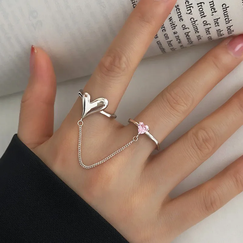 

Korean Style Fashion Pink Love Heart Crystal Beads 2 Pieces Chain Set Of Rings For Women New Charms Personality Jewelry Gift