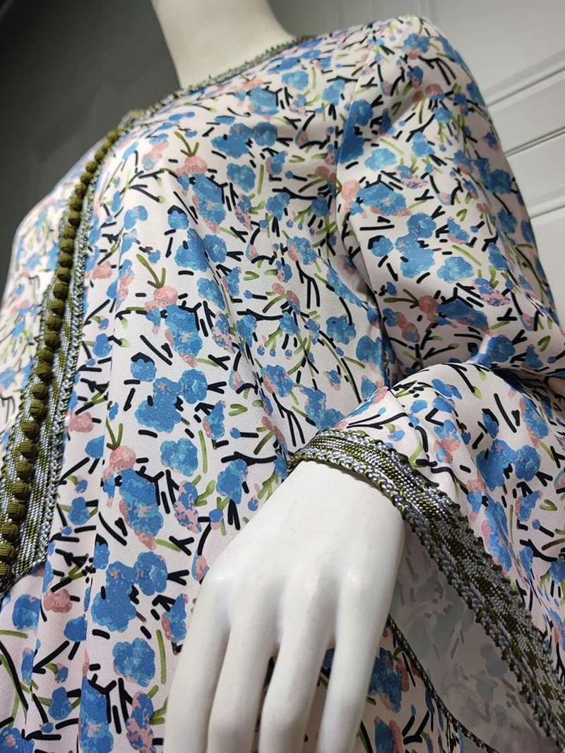 Ramadan Floral Print Abaya Kaftan Women Elegant Muslim African Long Dress Moroccan Islam Dubai Caftan Gulf Jalabiya Modesty Robe