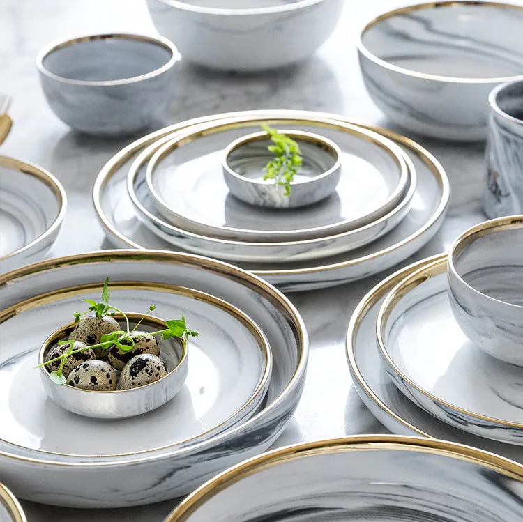 

European Phnom Penh Gray Marble Ceramic Tableware Household Rice Bowl Plate Dishes Vegetable Plate Noodle Bowl Soup Bowl