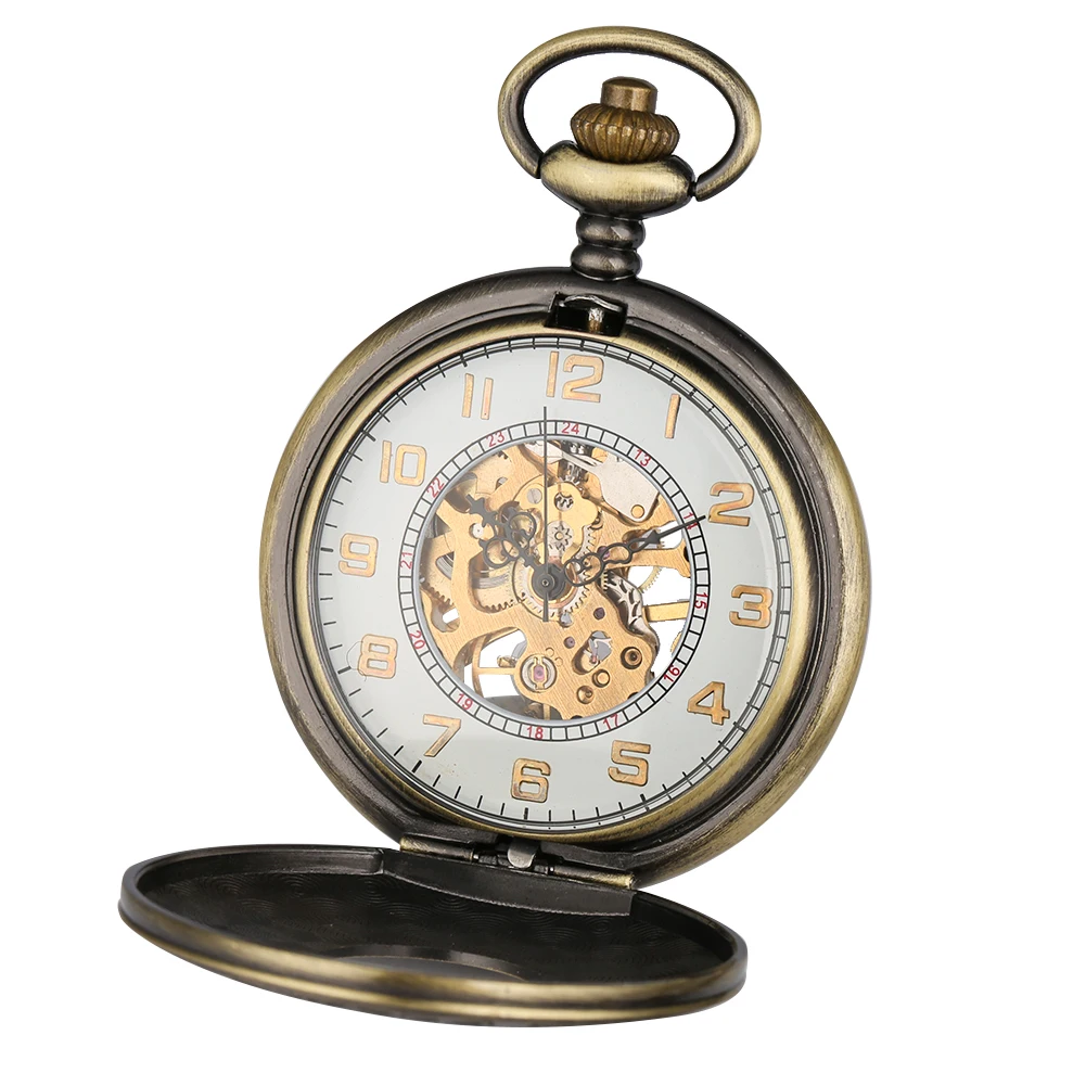 Classic Roman Numerals Carved Manual Mechanical Pocket Watch Bronze Fob Chain Arabic Numeral Dial Hand Winding Antique Clock