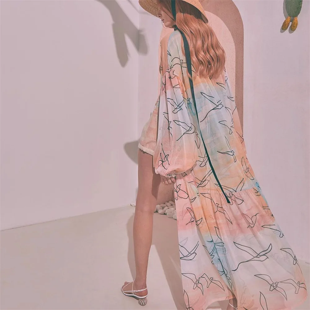 

Bathing Suit Women Cover Up Long Sleeve Bikini Cover Up Beach Skirt Fresh Print Spinning Cardigan Strap Beach Coverups for Women