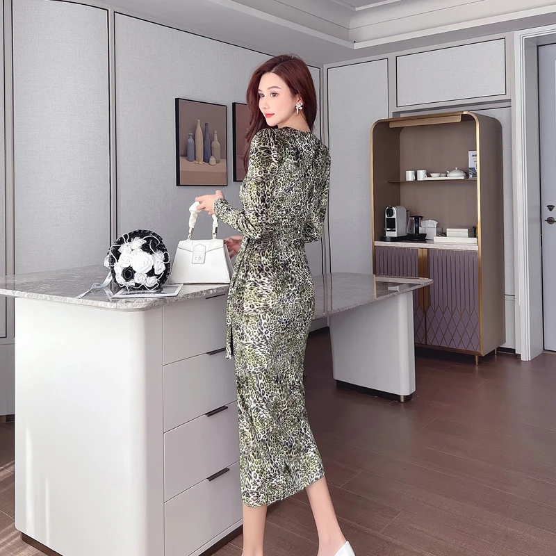 

Women V Neck Women's Clothing Leopard Print Hip Wrap Dresses Female Vestidos De Mujer Elegant Autumn Clothes Long Sleeve Dress