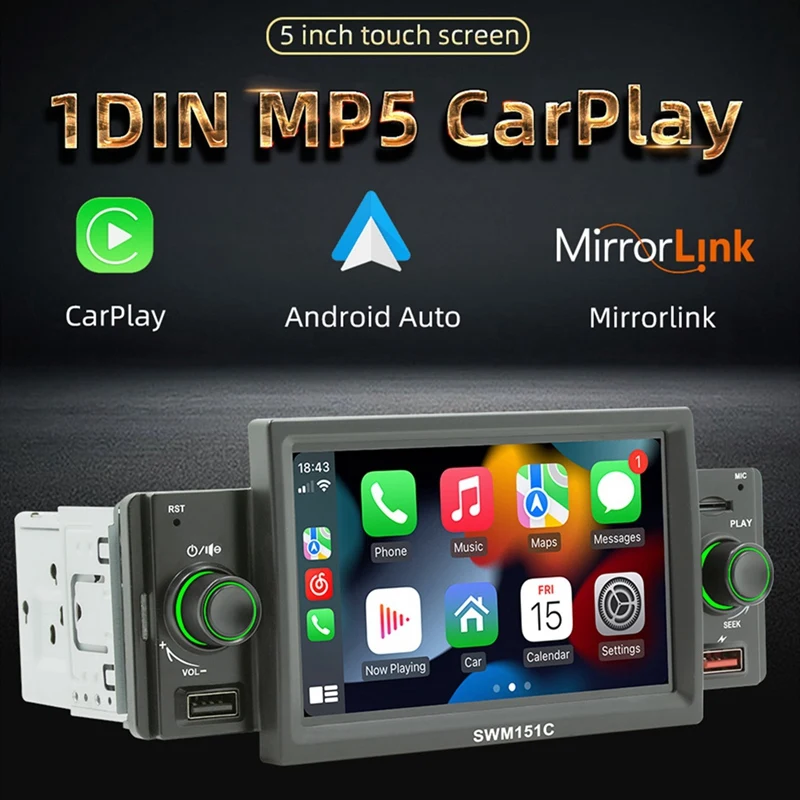 1 Din автомобильный радиоприемник Carplay 5 дюймов MP5 Bluetooth Hands Free A2DP USB FM Система 151C