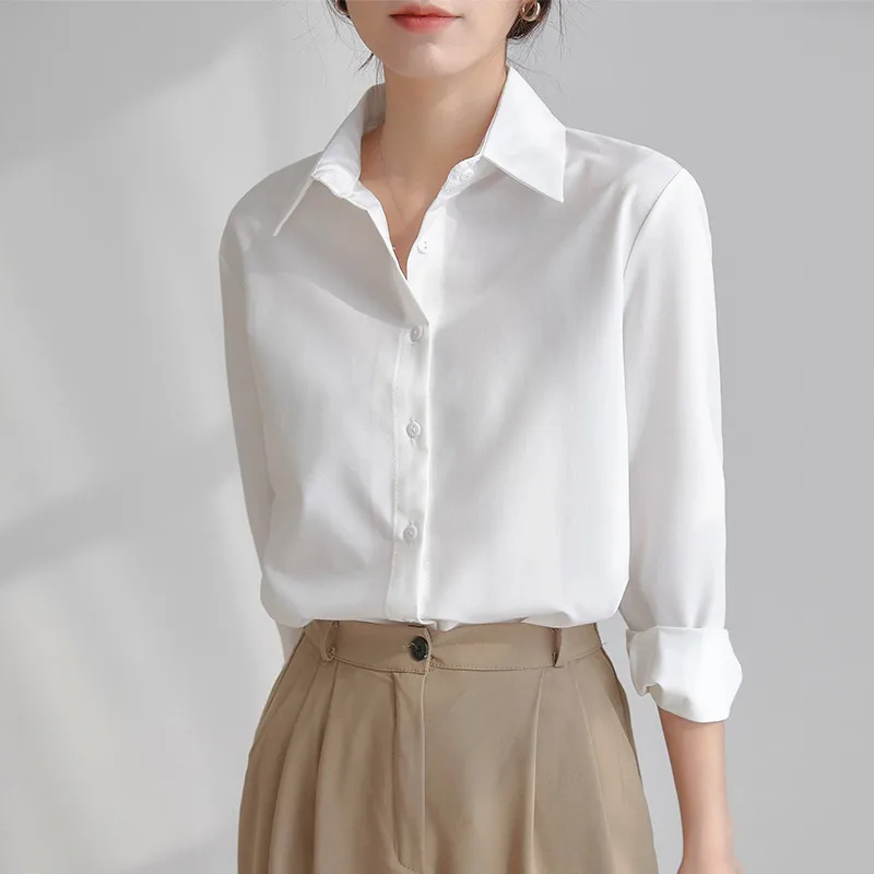 

Korean Fashion Chiffon Office Lady Clothing For Work 2022 Spring Autumn Long Sleeve Polo-Neck Shirts Casual Blouses Tops