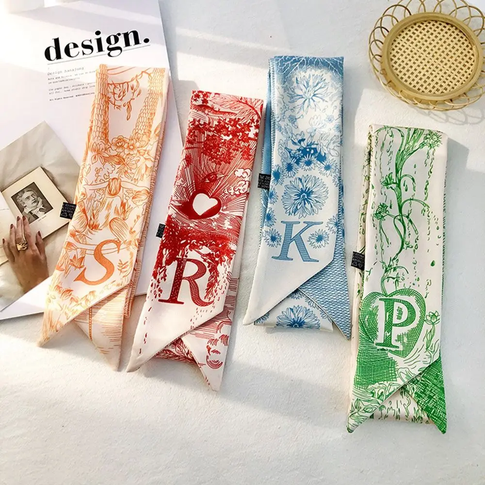 

Fashion 26 Letters Printed Silk Scarf Headband Elegant Long Ribbon 26 Initials Letters Design Female Headwear