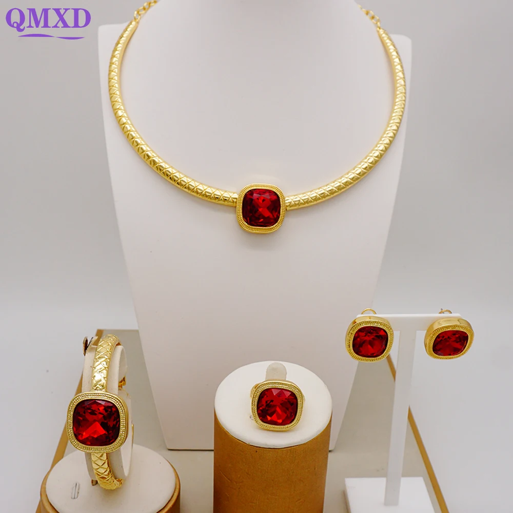 Italian Middle East Red Crystal Pendant Necklace Sets Ladies Costume Wedding Jewelry Dubai African Necklace Bracelet Ring Set