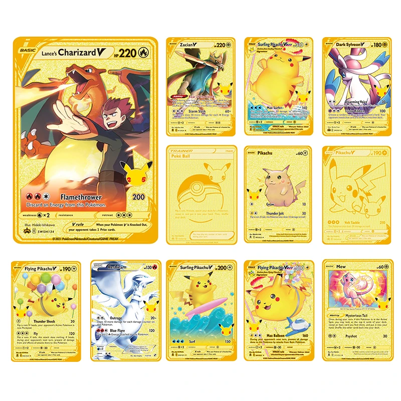 

25th Anniversary Pokemon Gold Cards Toys Hobbies Metal Card Mewtwo Games Child Charizard Pikachu Vmax Kids Pokemon Game Playing