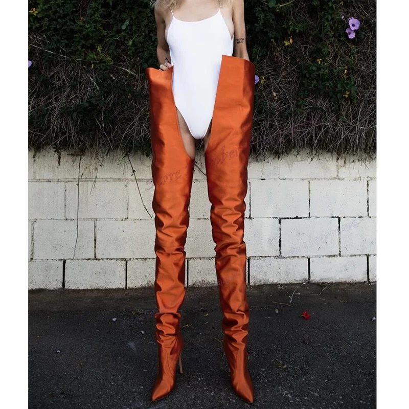 Женские сапоги с острым носком высокие оранжевого цвета на тонком высоком