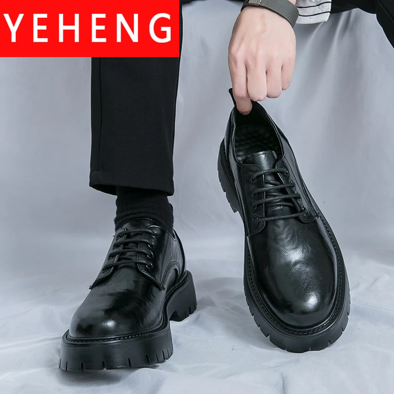 Мужские туфли-оксфорды на толстой подошве черные деловые кожаные туфли шнуровке