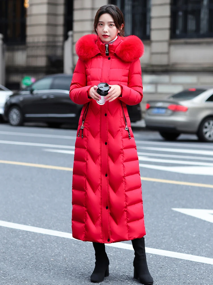 New Women Winter Down Coat Fashion Hooded Real Fox Fur Collar Lengthened Down Jacket Thicken Warm Slim White Duck Down Overcoat