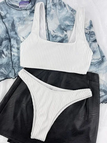 New 2023 Sexy Ribbed Sports Bikini Women Swimsuit Female Swimwear Two Pieces Bikini Set Triangle Bather Bathing Suit Swim Lady