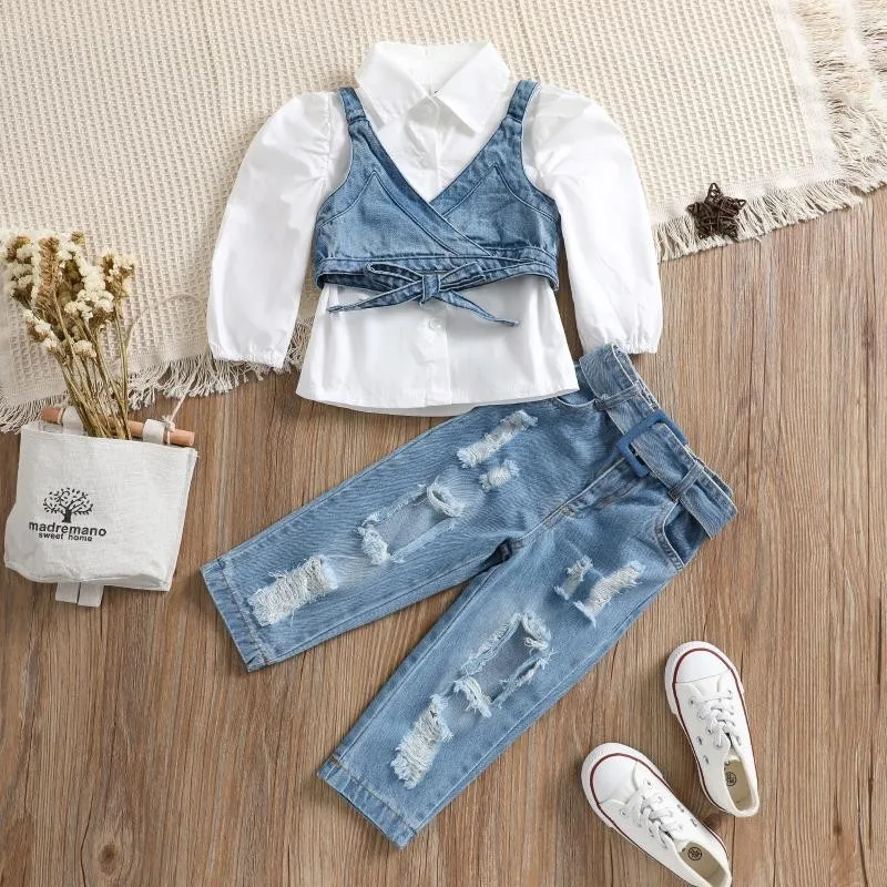 

2022 New Girls Suits Fashion Shirts Long Sleeves + Denim Vest Top + Denim Ripped Trousers Three Girls Suits Girls Outfits