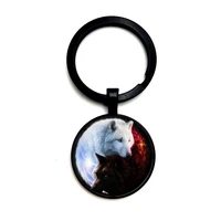 yin yang black and white wolf glass cabochon pendant keychain wolf totem male and female keychain small gift