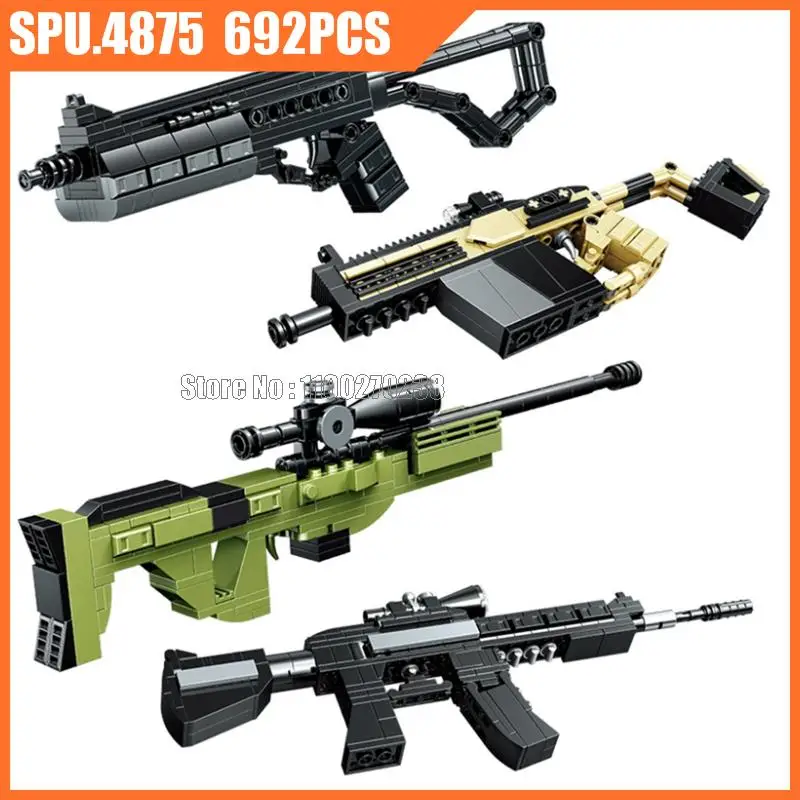 

Ql1274 692pcs 4in1 Military Weapon Army Boy Gun Awm Sniper Rifle M4 Assault Bison Kriss Submachine Building Blocks Toy Children