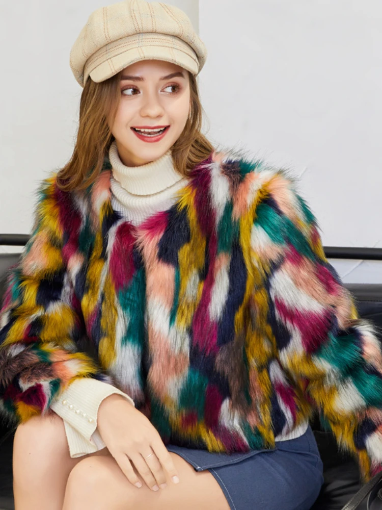 Fashion Faux Fur Colorful Fox Fur Coat Women 2022 Autumn Winter Casual Warm Short Plush Cardigan ladies High Street Outwear