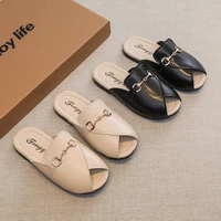 children slippers for girls open toe new summer flat non slip kid fashion versatile solid black metal korean wind casual sandals