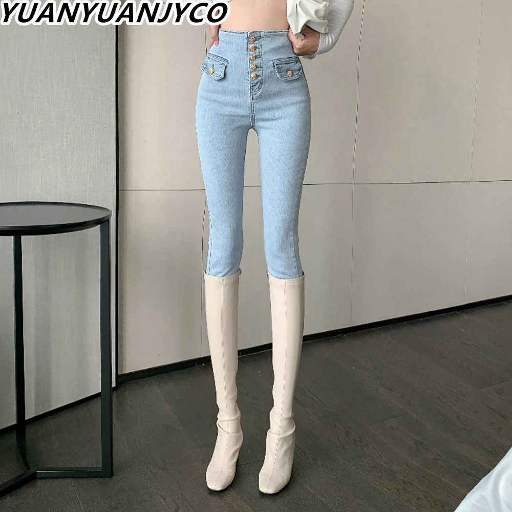 

Модные пикантные узкие эластичные джинсы-карандаш YUANYUANJYCO с высокой талией, женские демисезонные джинсовые брюки на пуговицах, женская одеж...