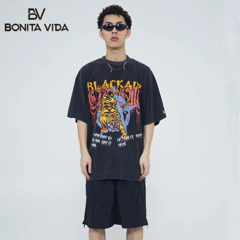 

Luxury Designer Oversize Tshirt Men 2022 Summer Vintage Washed Tiger Cartoon Graphic Hip Hop Cotton Casual Loose Tops Tees