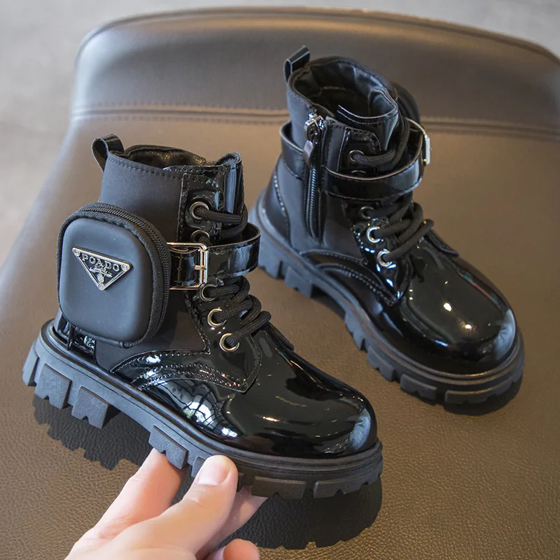 

2023 Winter Girls Fashion Tide Shoes Boots Children High Boots Students' Black Patent Leather Shoes Cuhk Short Boats
