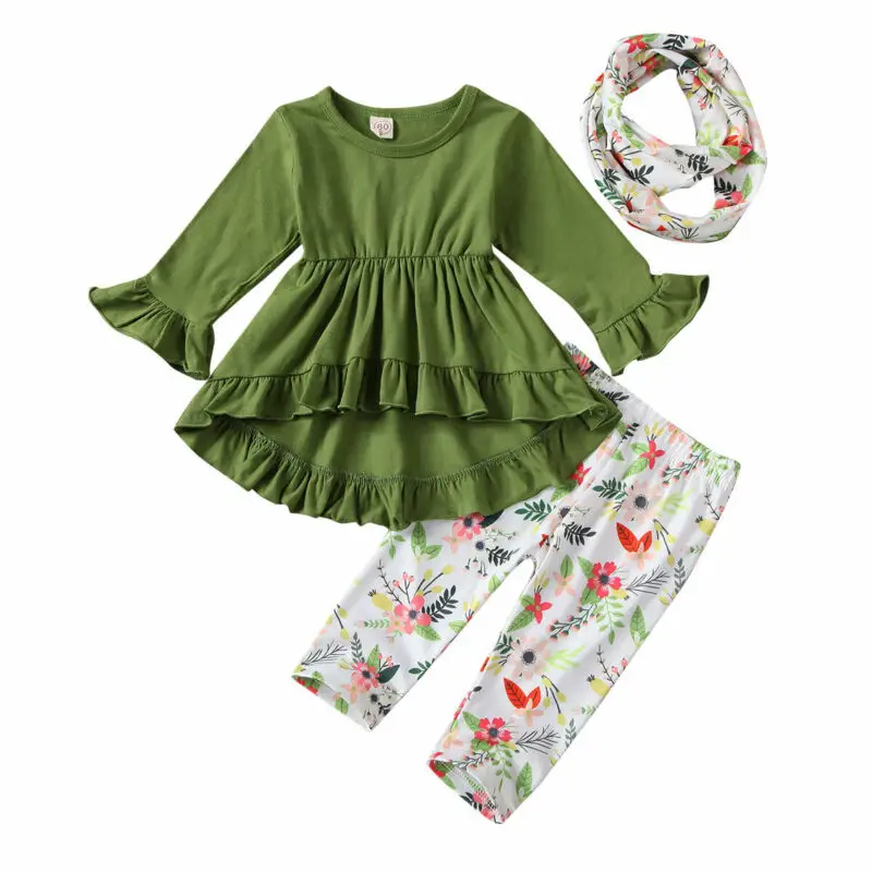 

Toddler Kids Baby Girl Clothes Set 2022 Fall Long Sleeve Green Cotton Top Floral Pants Scarf Outfits Clothing Costume 3PCs