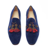 loubuten new arrival blue suede leather shoes men beaded loafers tassel dress shoes luxury red bottom party and wedding shoes