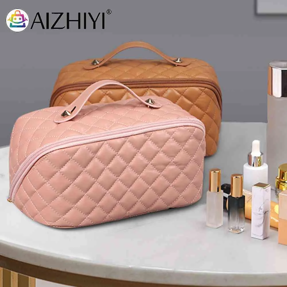 

Стеганая косметичка из искусственной кожи, вместительный чехол для косметики с ромбовидной сеткой, Портативный Модный мягкий чехол на молн...