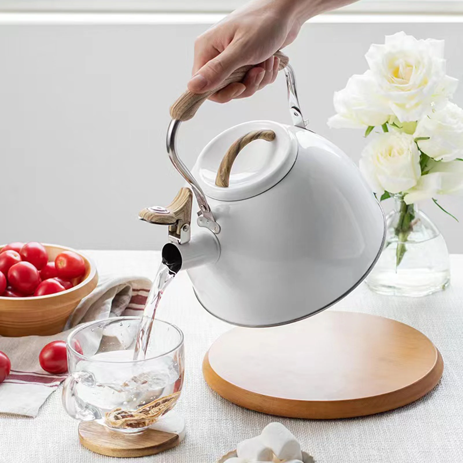 

2.7 Quart Stainless Steel Tea Kettles For Stoves Food Grade Water Pot With Wood Handle Loud Built-in Whistling For Coffee Tea