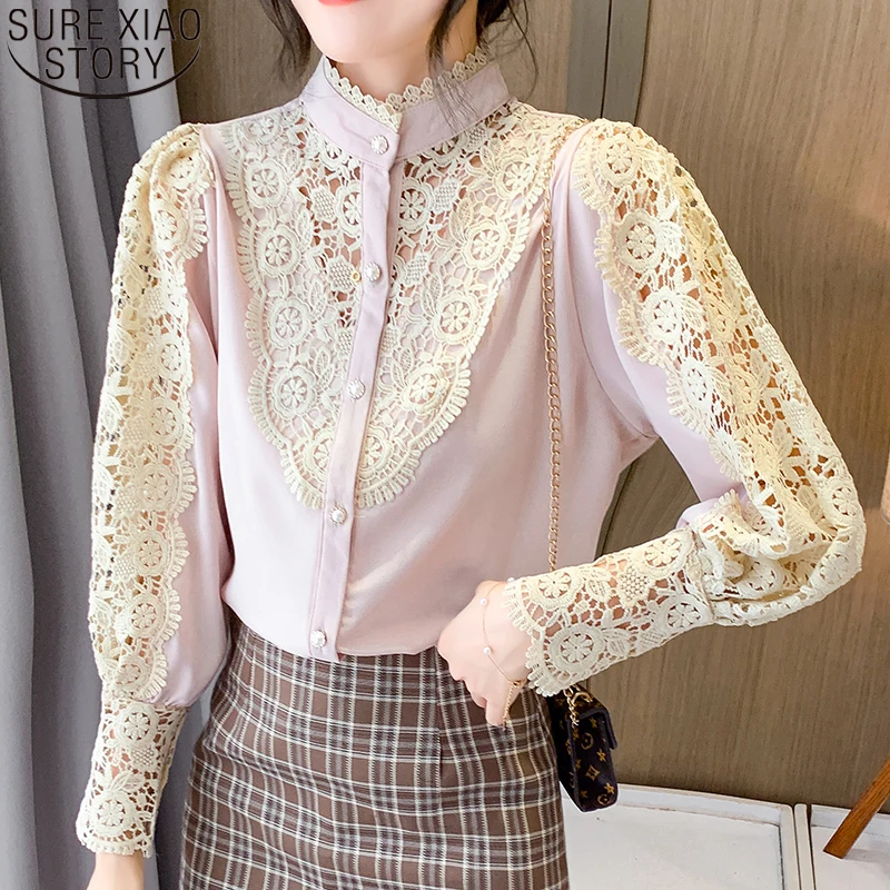 

Модная вязаная крючком блузка с ажурным кружевом Женская сращенная рубашка 2021 Корейская Сексуальная рубашка с пышными рукавами и воротник...