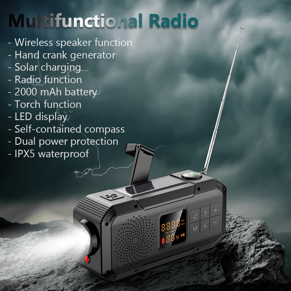 

Портативный аварийный радиоприемник на солнечной батарее AM/FM/WB/NOAA Bluetooth-совместимый динамик для кемпинга и походов