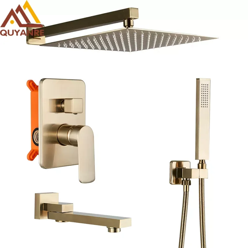 

Brushed Gold Shower Faucets Set Bathroom Wall Mounted Shower System Embedded Box Shower Mixer Tap Rainfall Shower Faucet